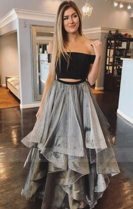 Gray Two Pieces Prom Dress, Gray Tulle Evening Dress