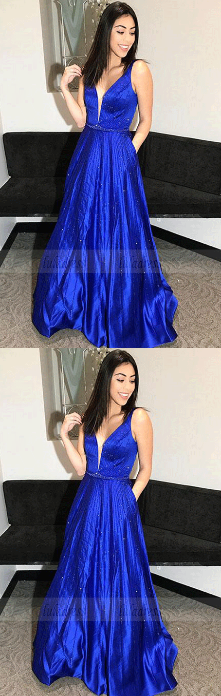 A-Line V-Neck Floor-Length Royal Blue Prom Dress with Beading,BW97047