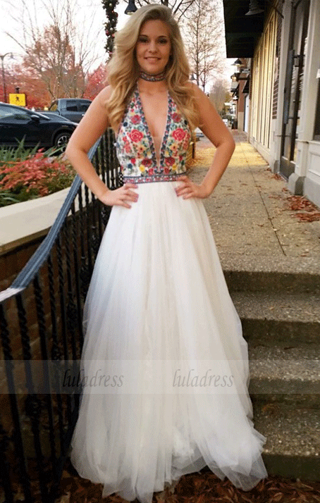 A-Line Deep V-Neck Floor-Length White Prom Dress with Embroidery