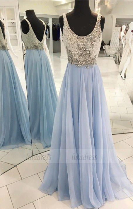 A-Line Scoop Sweep Train Chiffon Backless Prom Dress with Beading