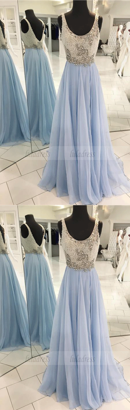 A-Line Scoop Sweep Train Chiffon Backless Prom Dress with Beading,BW97100