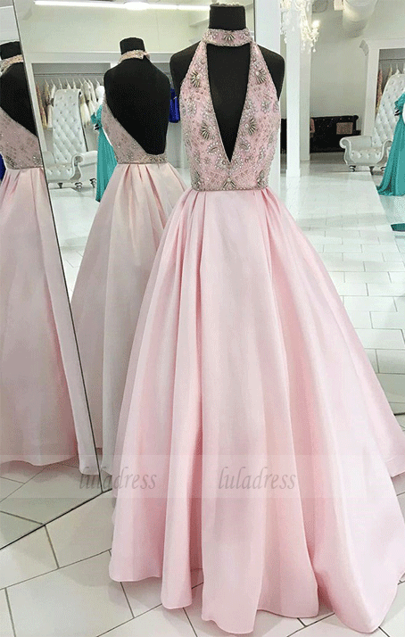 High Neck Sweep Train Keyhole Backless Prom Dress with Beading