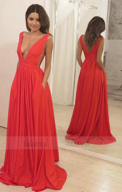 V-Neck Sweep Train Chiffon Backless Prom Dress with Pockets