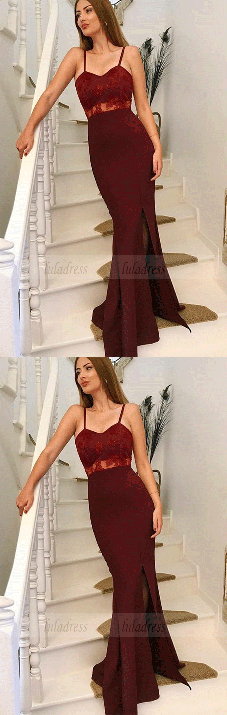 Mermaid Spaghetti Straps Long Burgundy Prom Dress with Appliques