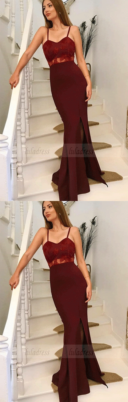 Mermaid Spaghetti Straps Long Burgundy Prom Dress with Appliques