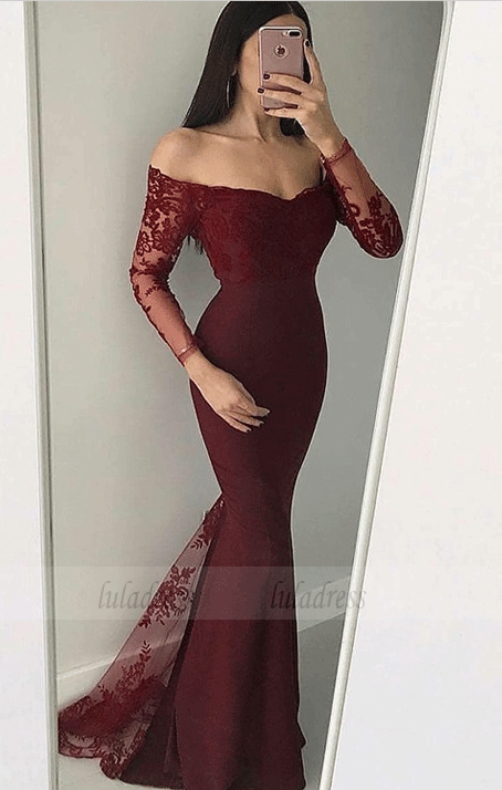 Mermaid Off-the-Shoulder Long Sleeves Black Prom Dress with Appliques