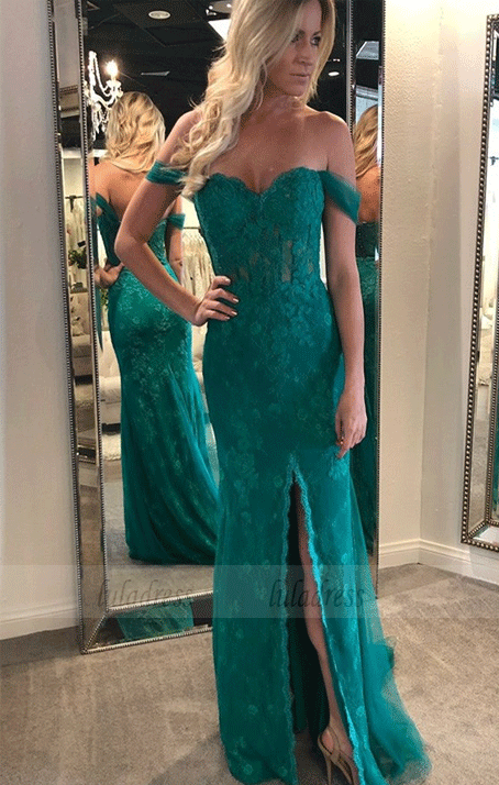 Off-the-Shoulder Long Dark Green Prom Dress with Appliques