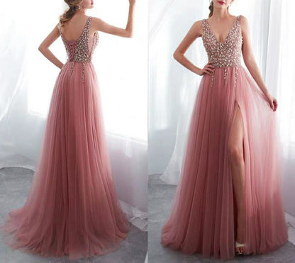 V Neck Sleeveless Tulle Long Prom Dresses with Beading,BW97539