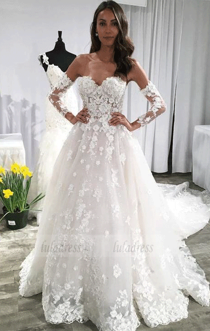 A Line Long Sleeves Lace Appliques Beads Sweetheart Long Wedding Dresses