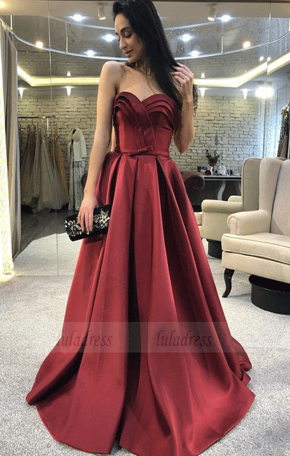 A-Line Sweetheart Sweep Train Dark Red Prom Dress with Ruffles