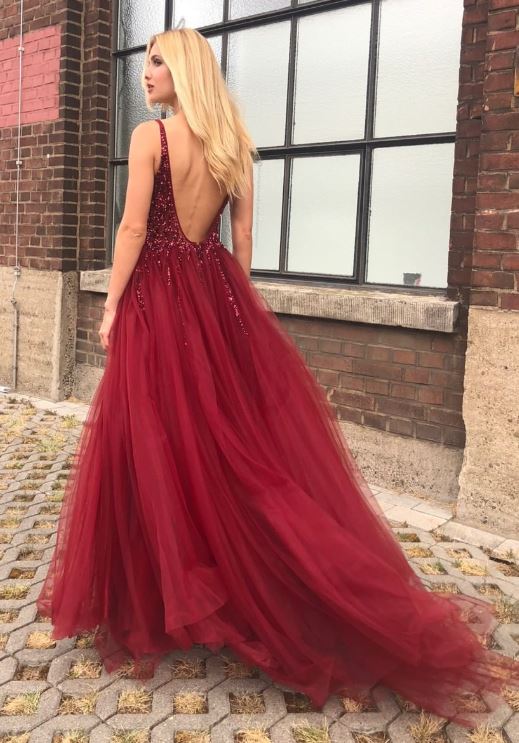 Burgundy v neck tulle long prom dress,burgundy evening dress