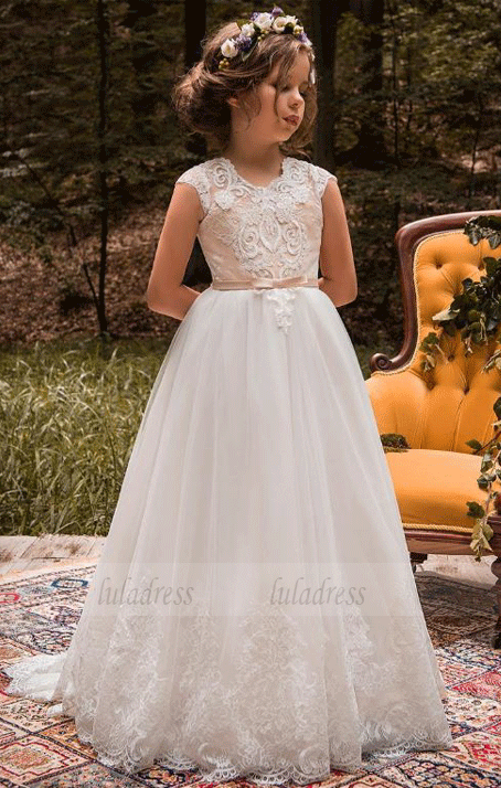 Chic Tulle Jewel Neckline Cap Sleeves A-line Flower Girl Dresses With Beaded Lace Appliques & Belt