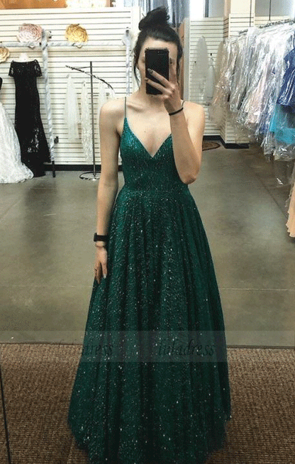 A Line V Neck Spaghetti Straps Backless Dark Green Prom Dresses