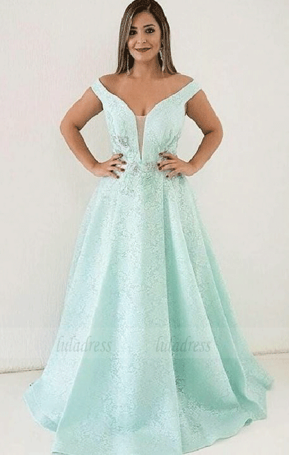 Off Shouder Mint Green Lace A Line Prom Dress