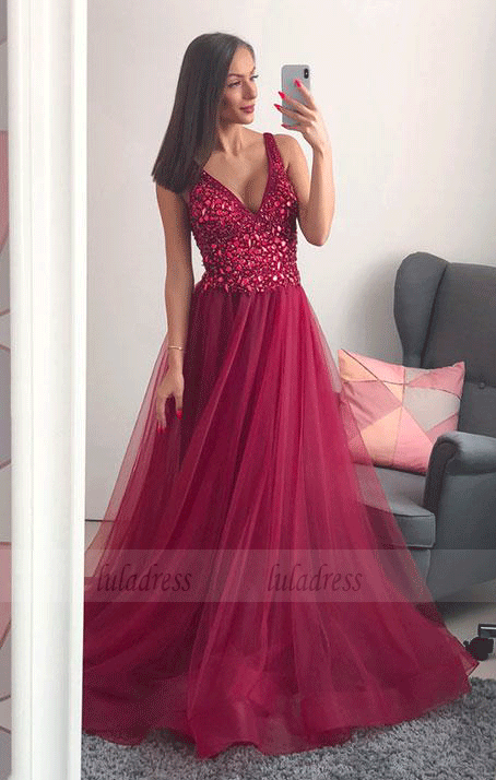 Long Tulle V Neck Floor Length Formal Evening Dresses, BW97705