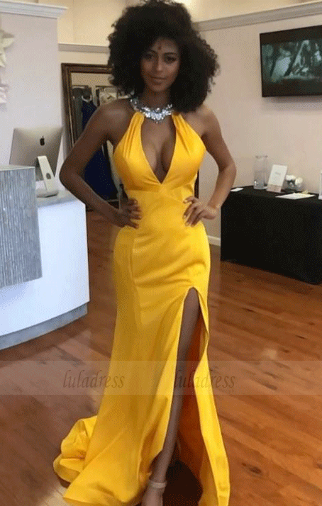 Sexy Backless Yellow Mermaid Prom Dresses