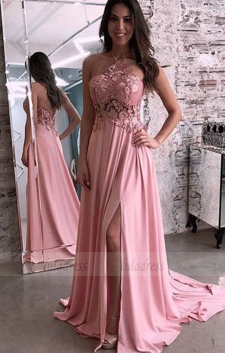 Sexy Pink Halter Lace Appliques Prom Dresses