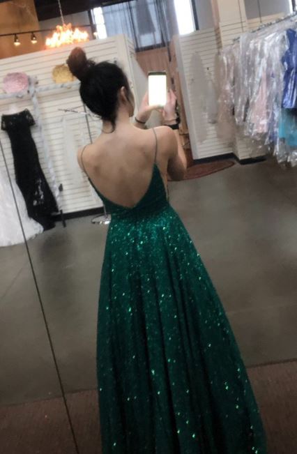 A Line V Neck Spaghetti Straps Backless Dark Green Prom Dresses