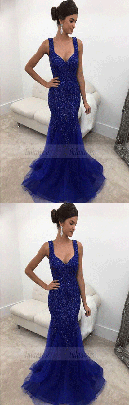 Backless Long Crystal Beaded Mermaid Prom Dress,BD98515