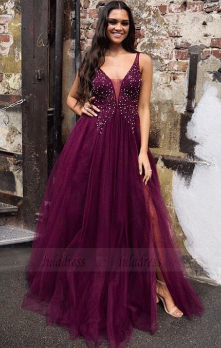 A Line Long Prom Dresses with Beading