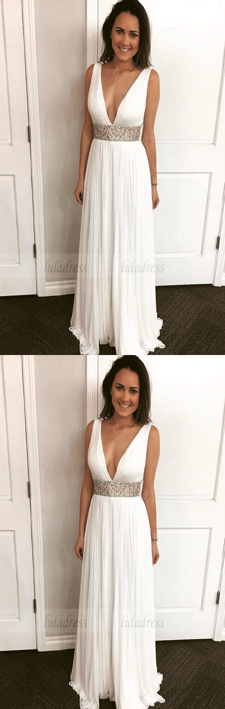 Deep V Neck White Long Prom Dress Party Dress,BD99937