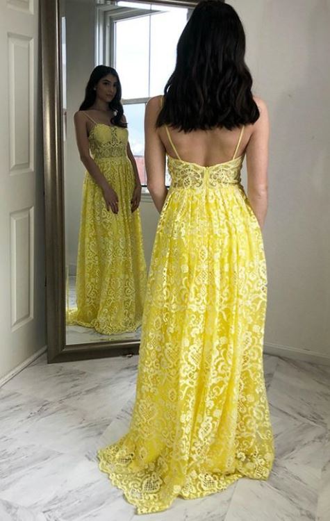 Yellow Lace Prom Dresses Spaghetti Straps Long Evening Party Dresses –  luladress