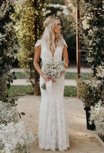 Deep V Neck Lace Wedding Dresses