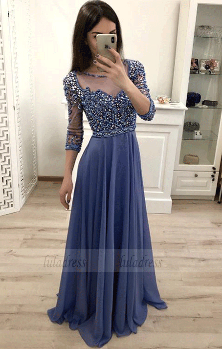 A Line Long Sleeves Chiffon Prom Dresess with Beading