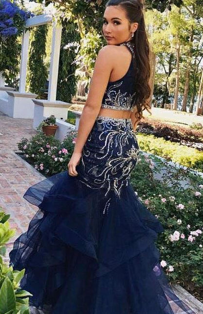 Lavish Rhinestones Two Piece Mermaid Prom Dresses with Tulle Skirt