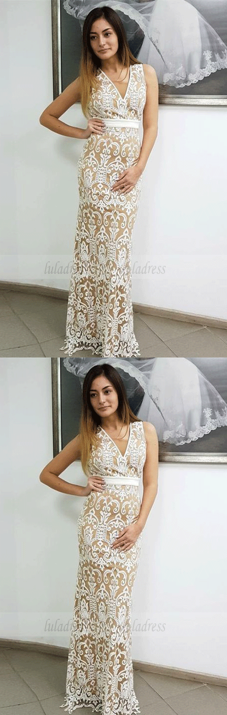 V-Neck Sleeveless Floor-Length White Lace Prom Dresses