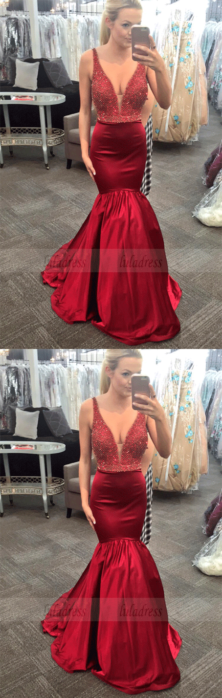 Elegant V-neck Mermaid Red Long Prom Dress Evening Dress,BD99334