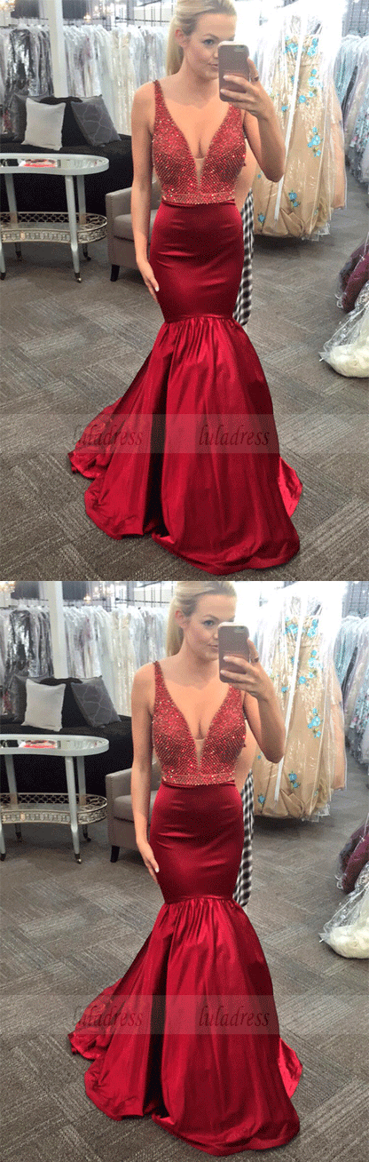 Elegant V-neck Mermaid Red Long Prom Dress Evening Dress,BD99334