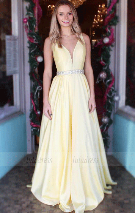 A-Line Straps Yellow Long Prom Dress with Beading Belt