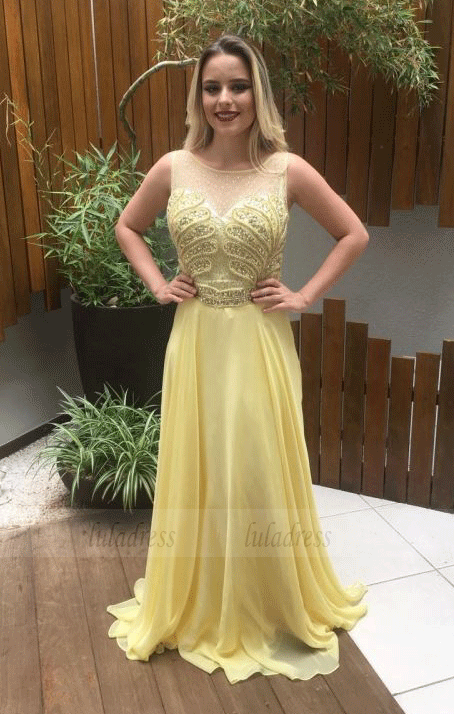 Long Chiffon Prom Dress,Yellow Prom Dress