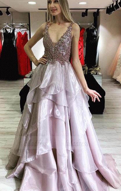 Plunging V-neckline Prom Dress with Applique