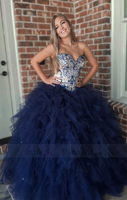 Ball Sweetheart Navy Blue Prom Dress with Sequins