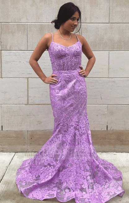 Spaghetti Straps Applique Long Mermaid Prom Dress