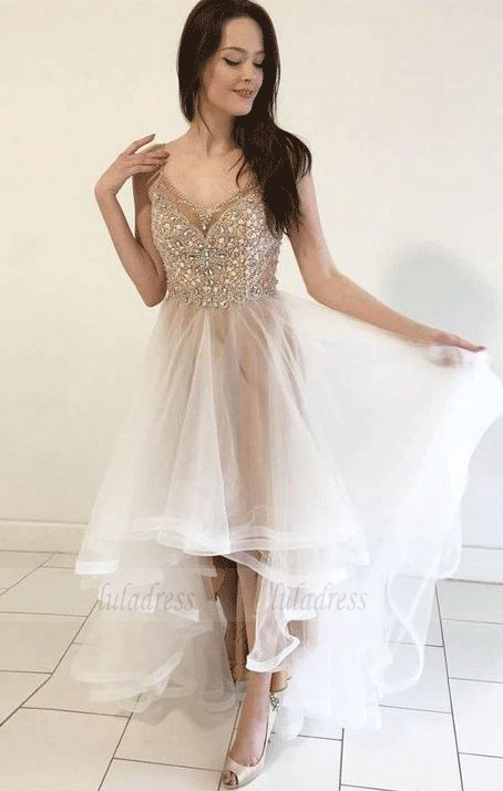 Spaghetti Straps Train Asymmetrical Sleeveless High Low Beading Prom Dress