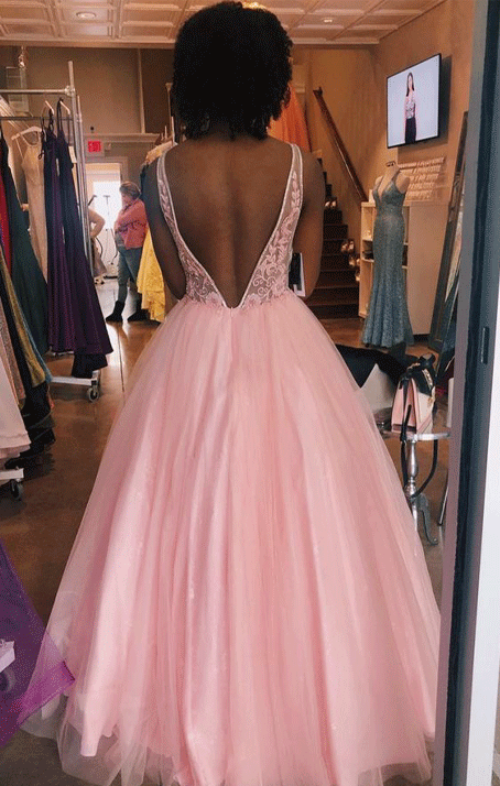 V-Neck A-Line Prom Dresses,Long Prom Dresses,Tulle Prom Dresses