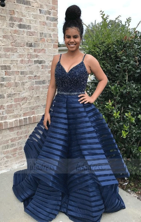 Sexy V Neck Spaghetti Straps Navy Blue Prom Dress