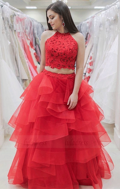 Two Piece A-line Long Prom Dress,High Neck Sleeveless Beautiful Party Dress