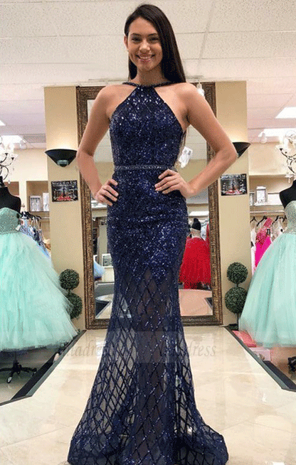 Beautiful Navy Blue Lace Prom Dress with Sequins