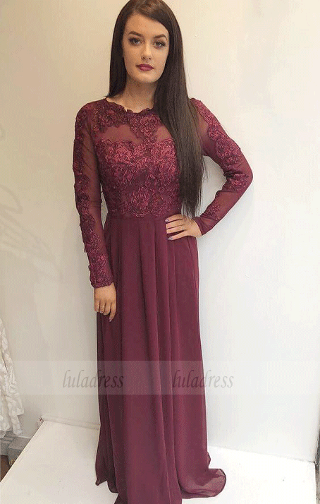 Modest A Line Chiffon Burgundy Long Prom Dresses with Sleeves