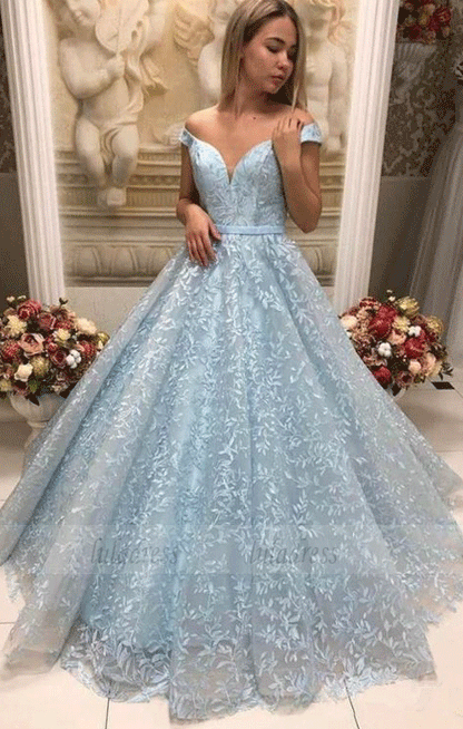 Lace Ball Gown Off the Shoulder Prom Dresses with Appliques Sweetheart