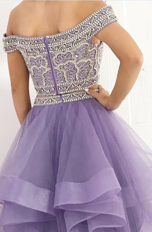 Lavender Long Prom Dress, Two Piece Prom Dress, Off the Shoulder Prom Dress