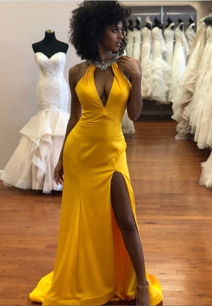 Sexy Backless Yellow Mermaid Prom Dresses