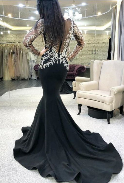 Jewel Black Prom Dresses Long Sleeves Appliques Mermaid Evening Gowns