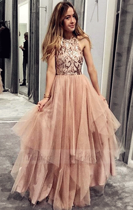 A-Line Asymmetrical Blush Prom Dress with Sequin