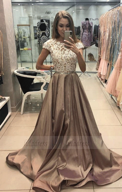 Short Sleeves Lace Long Prom Dress