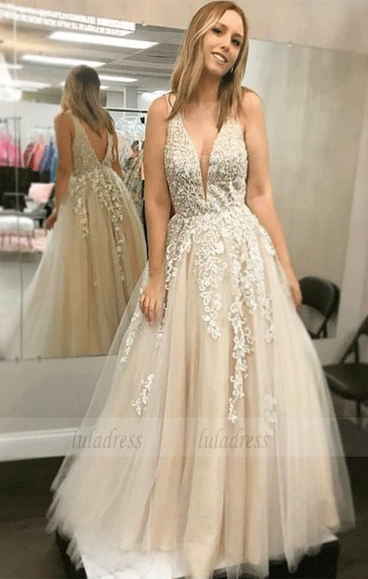 A-line Straps Lace Elegant Long Prom Dresses/Evening Dress